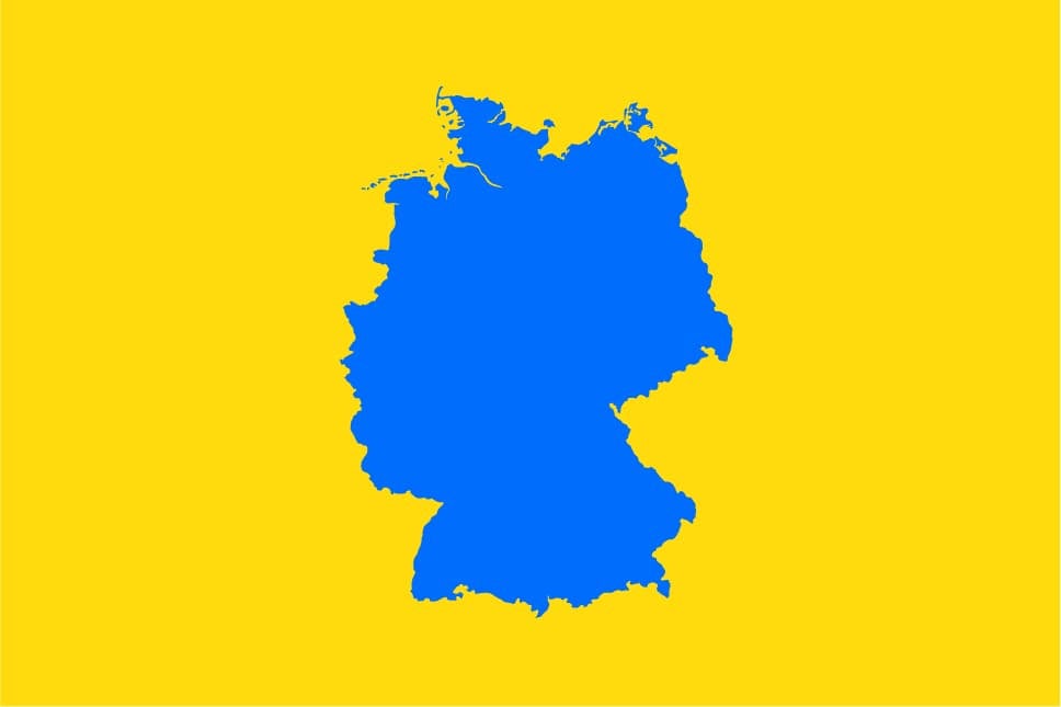 Map with a yellow background and a blue country
