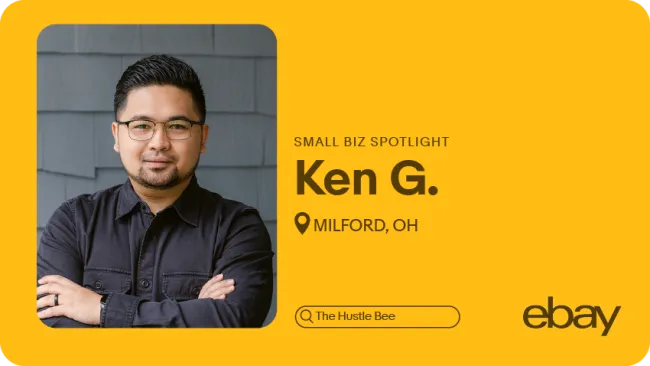 Graphic featuring headshot of eBay seller with the words: Small Biz Spotlight, Ken G.., Milford, OH