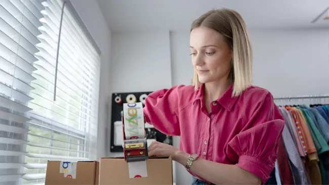 Woman taping box up